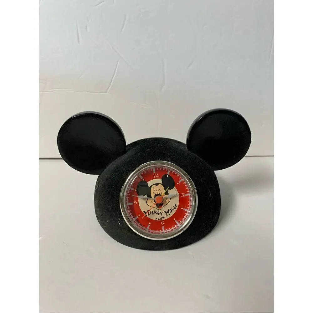 Disney Parks Mickey Mouse club black fuzzy ears clock-WORKS